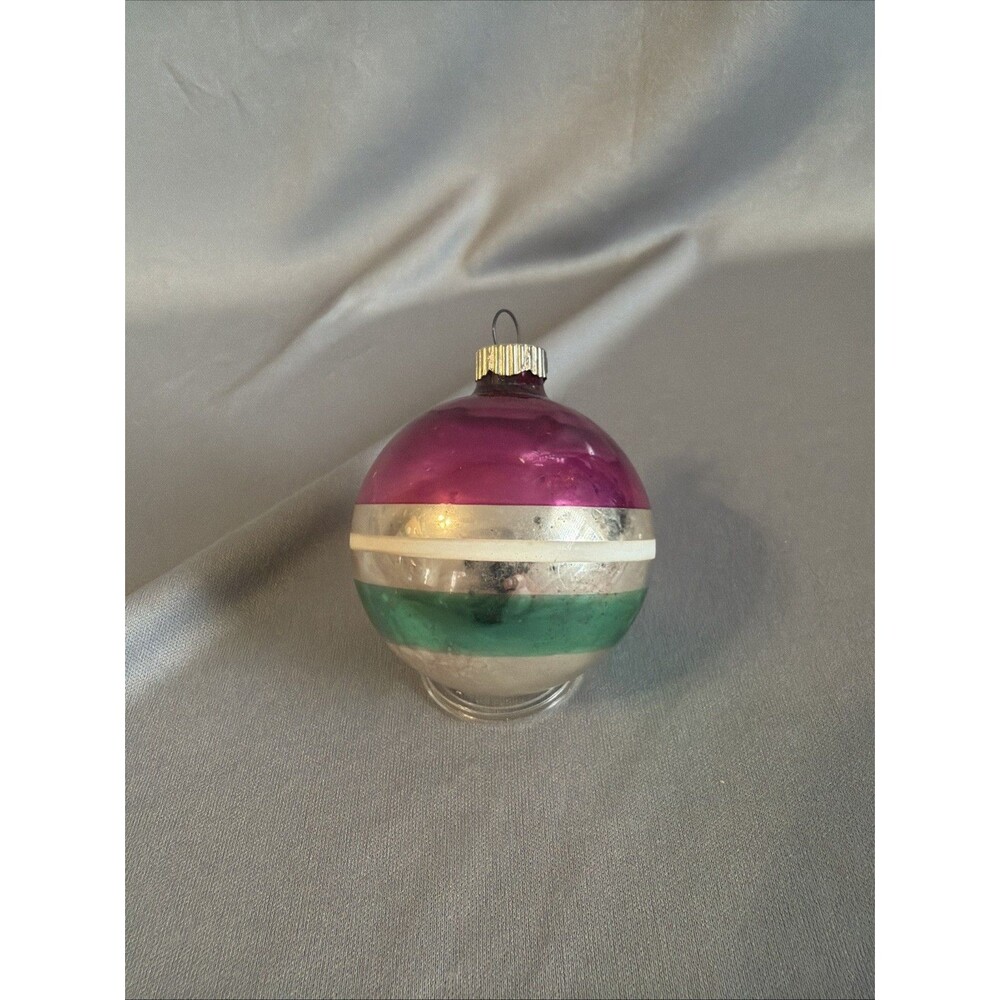 Vintage Shiny Brite Striped Glass 2” Ball Christmas Ornament USA Pink Silver Grn